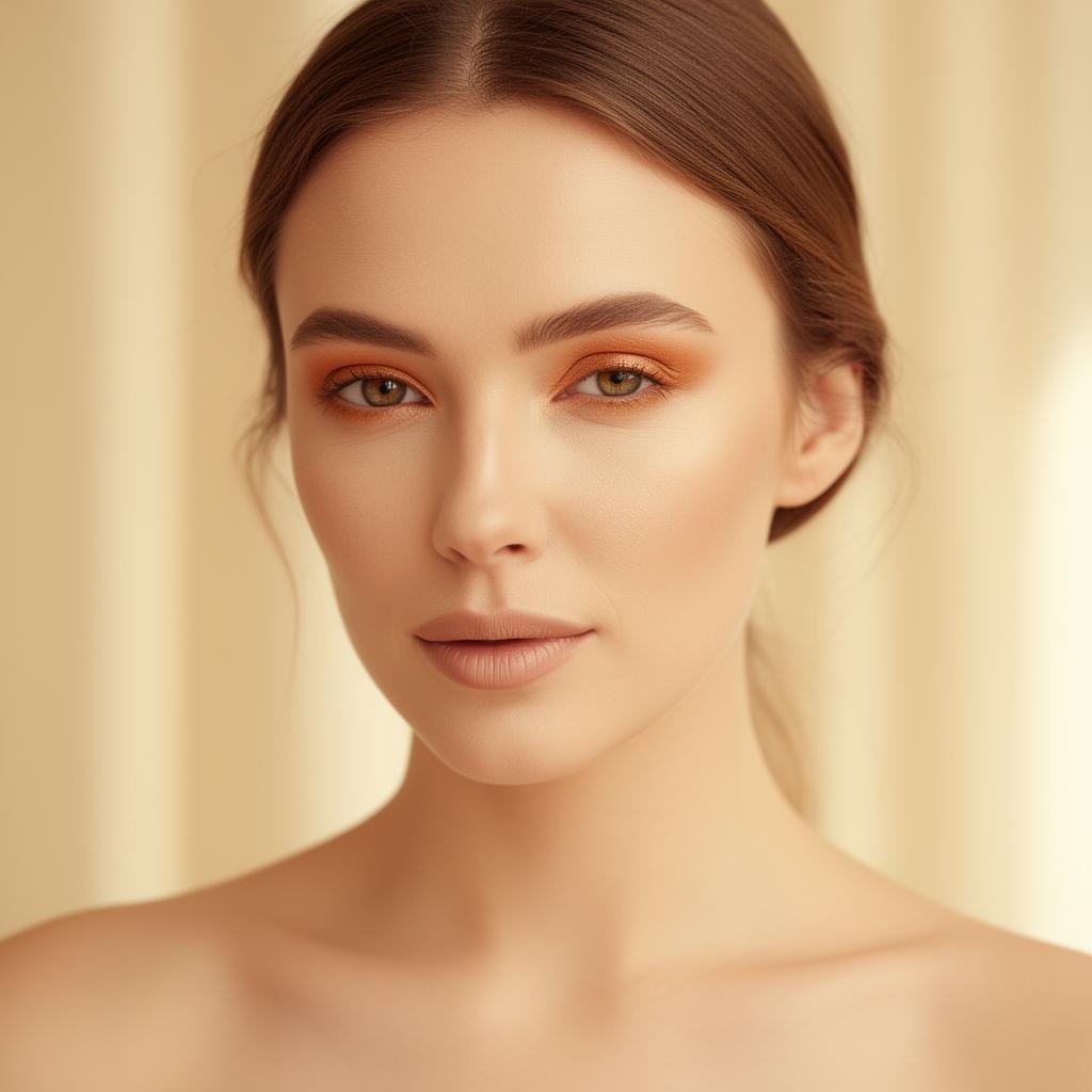 Retrato editorial de una mujer con maquillaje en tonos nude, ejemplo de Beauty Report